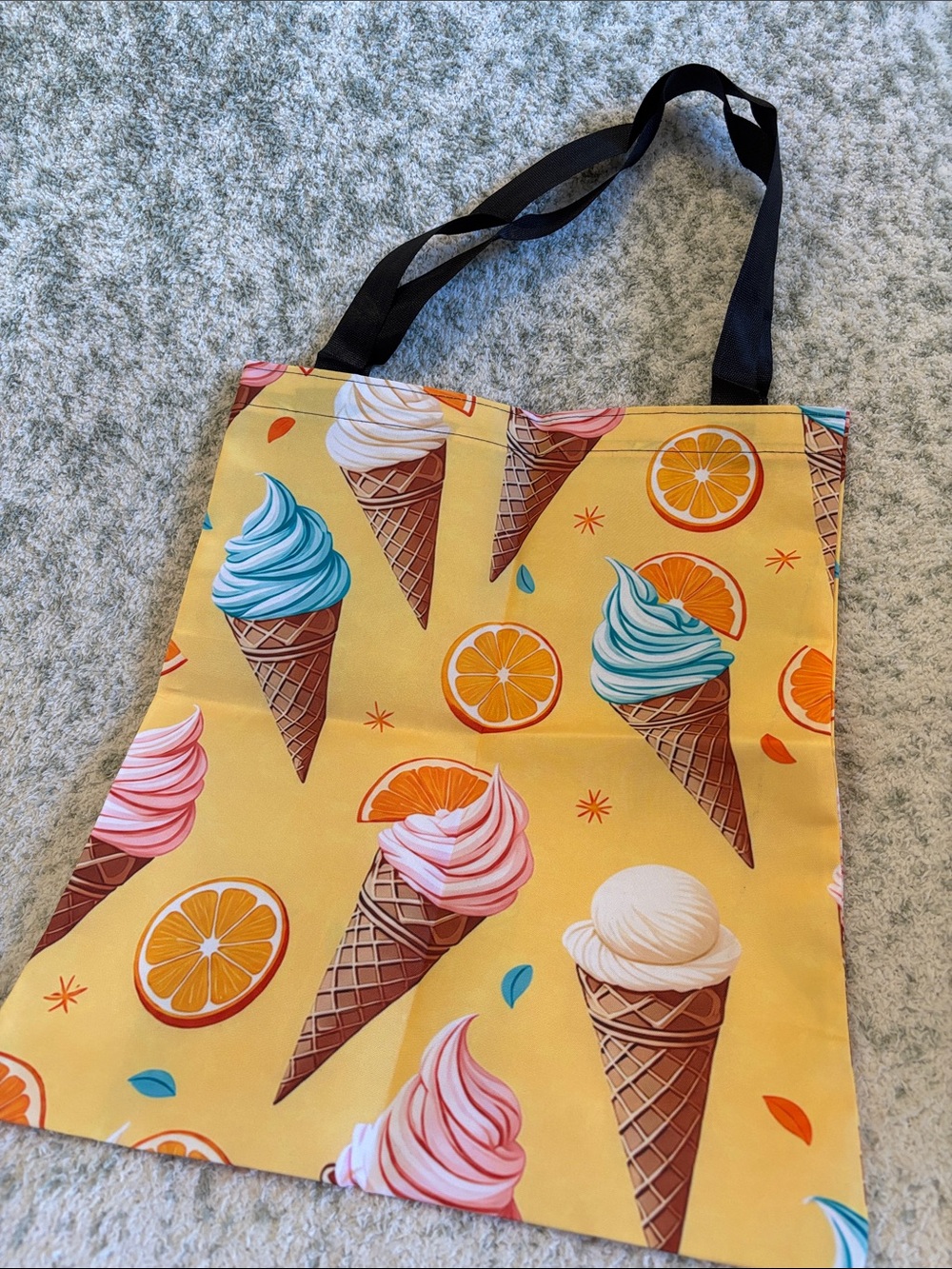 Colorful Yellow Oranges & Ice Cream Cones Poly Canvas  Tote Bag NWT 13.5x15.75”